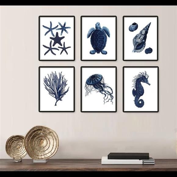 Art Seashells Coral Seahorse Navy Blue Beach Wall Art Decor Set Of 6